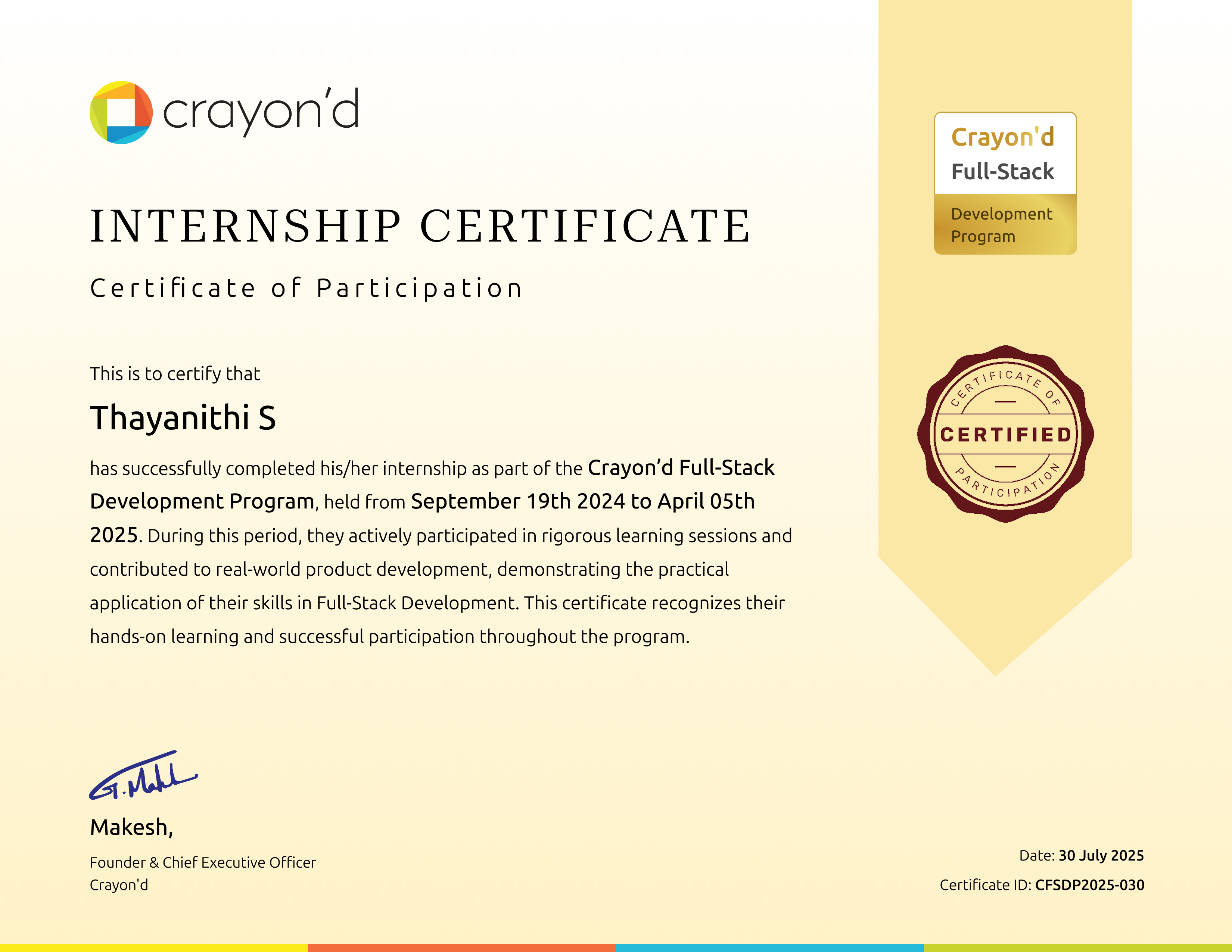 Crayon'd Full-Stack Internship Certificate